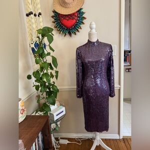 80s Vintage Purple Sequin Long Sleeve Dress